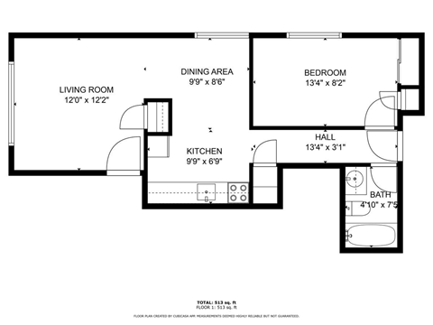 Floor plan for 1 bed, 1 bath, 466 sqft